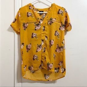 V Neck Gold Floral Faux Zipper Pocket Blouse